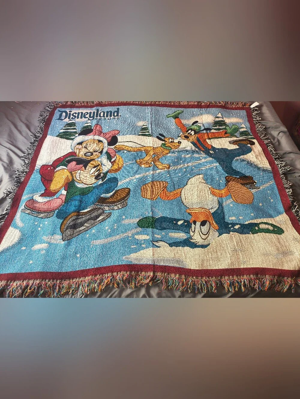 Vtg Disneyland Resort Mickey & Friends Ice Skating Woven Tapestry Blanket